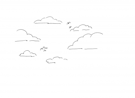 Tegnet bilde av skyer og fugler.