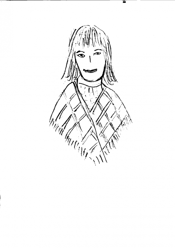 Tegning av en kvinne som har et ullsjal over skuldrene.