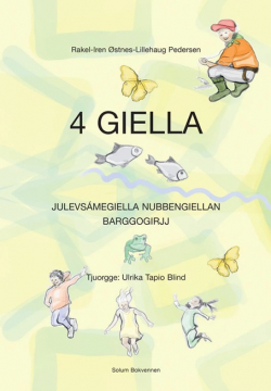 Omslag av boka 4 Giella, med illustrasjoner av løv, fisk og insekter.